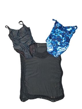 Two Women's Suze 14 One-Piece Swimsuits Black & Blue Tie-dye With Black Cover-up